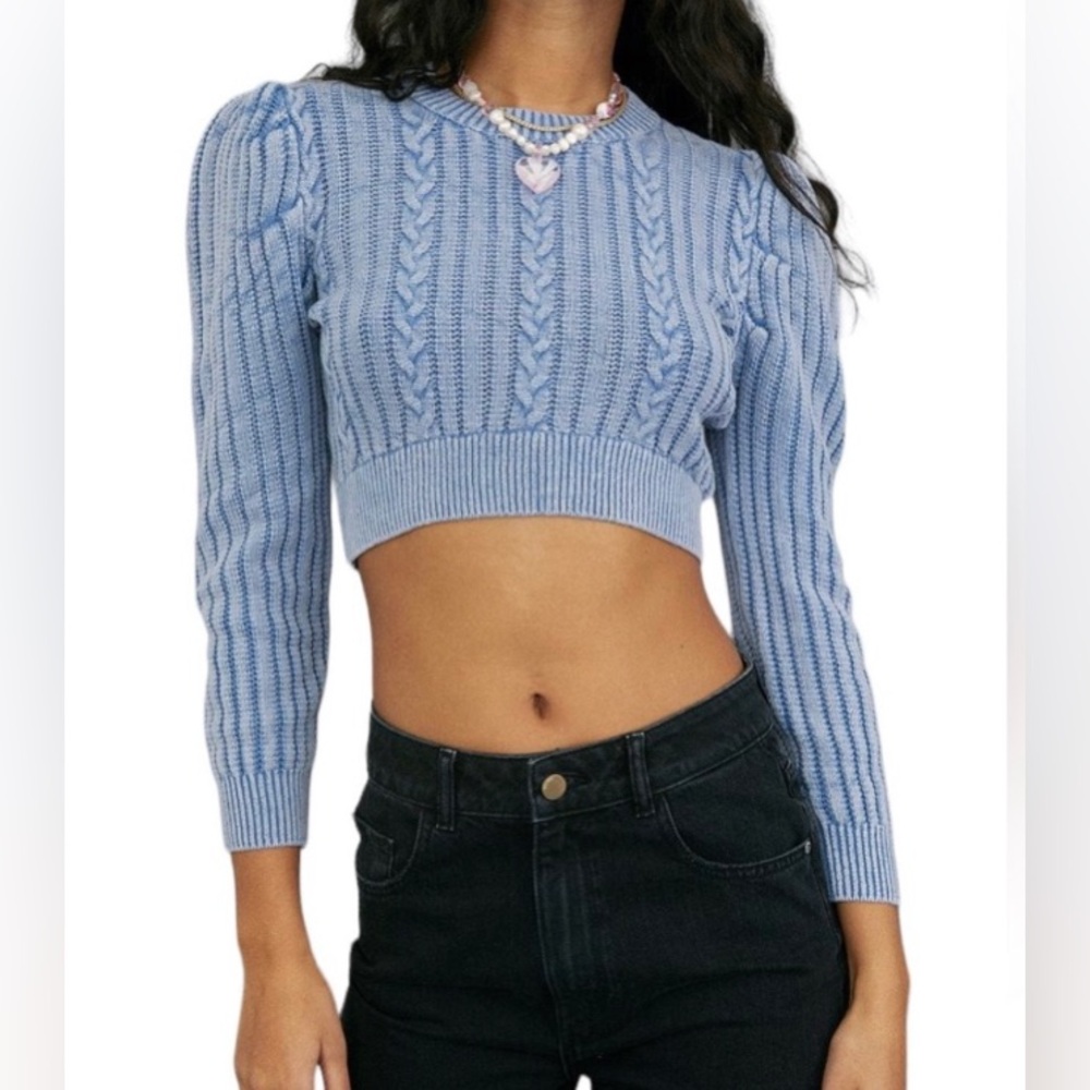 Urban Outfitters Blue‎ Grey Cropped Puff Sleeve Cable Knit Sweater Size Small